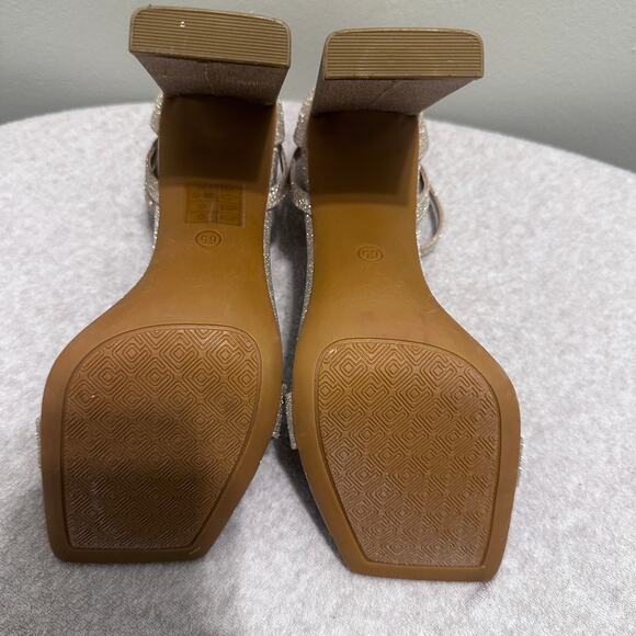 Light Gold Sparkle Open Toe ankle strap Chunky High Heel Shoes Size 6.5 - Picture 6 of 7